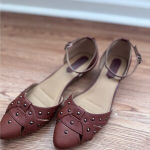 Rialto Studded Ankle Strap Wedge Flats Brown Pointed Toe Shoes Size 7
